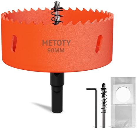 METOTY 90mm Bi-Metal Hole Saw,Universal HSS M42 Hole Saws,with Triangular Shaft Adapter and Centring Drill, One Free Dust Bag for Aluminum, Metals, Plastics, Acrylic Glass, Wood, Gypsum board