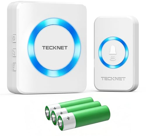 TECKNET Campanello radio a batteria, senza presa | Portata di 400 m, funzionamento a batteria, 60 melodie, 5 volumi, flash LED, per casa e giardino