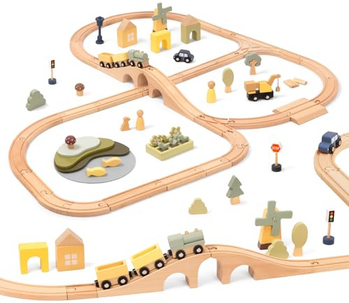 OOOK Multi-szenarisch Holzeisenbahn Set, Holz Eisenbahn Kinder mit Zug Spielzeug, Holzschienen Geschenk für Jungen und Mädchen ab 3 Jahren