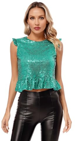 Yhong Chemise Courte Femme À Manches Volantes Déguisement Princesse Sirène Paillettes pour Carnaval Noël Halloween Haut Sportif Danse Performance