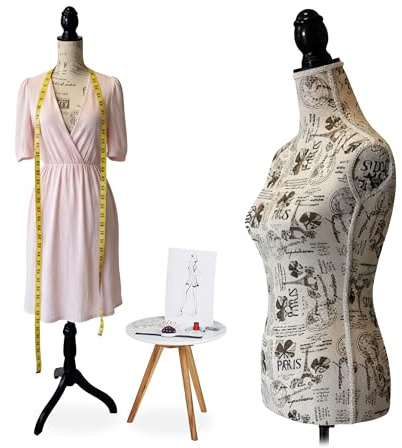 Relaxdays Schneiderpuppe, weiblich, Größe 36/38, höhenverstellbar 160–175 cm, Holzständer, Paris-Design, Creme/schwarz
