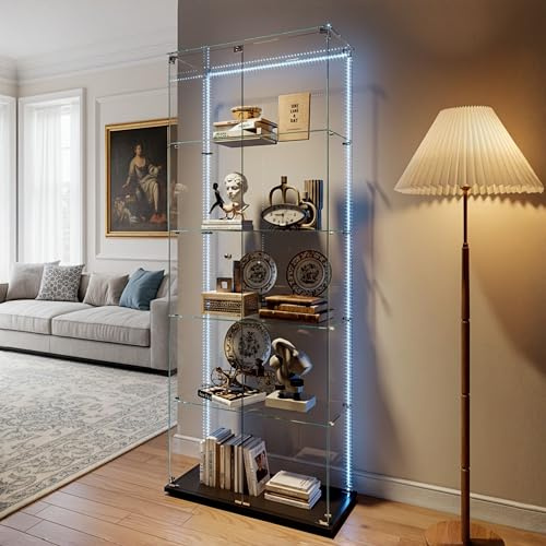 JYCRA glasvitrin stående vitrinskåp svart med LED-belysning och hjul – 5 våningar 186,5 x 34,5 x 78,5 cm ramlös full vy vitrinskåp, (5 hyllor-dubbeldörr, svart B)