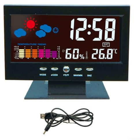 Digital Alarm Clock with Weather Display, Thermometer, Hygrometer, Calendar and Voice-Activated Backlight for Home, Office, Dormitory