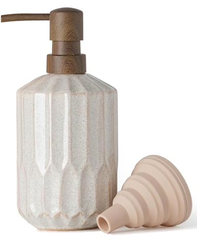 Soap Dispenser, 450ml/16 oz Ceramic Pump Bottle Luxurious Refillable Liquid Hand Wash Soap Dispenser for Bathroom, Countertop, Kitchen, Laundry Room, Silicone Funnel (Wooden Color Plastic Pump)