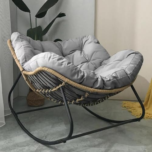 Patio Rocking Chair - Outdoor Papasan Lounge Chair with Cushion Oversized Rattan Wicker Egg Rocker Metal Frame Modern Design