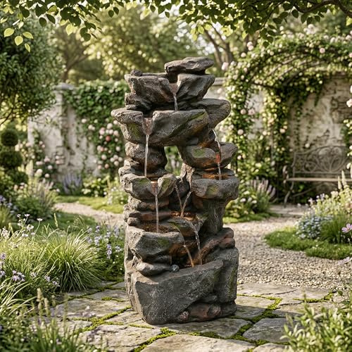 Jaxenor Gartenbrunnen mit LED-Beleuchtung, Ca.46x36x90cm, Garten Springbrunnen mit Kunststein-Außenverkleidung, Zimmerbrunnen, Wasserspiel für Garten und Terrasse, Grau