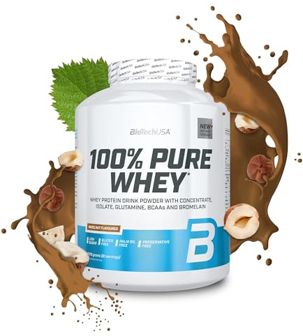 BioTechUSA 100% Pure Whey | Proteína en Polvo con BCAA y Glutamina | Sin Gluten, Sin Aceite de Palma, 2.27 kg, Avellanas