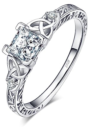 JewelryPalace Vintage Engagement Rings for Women, 14K Gold Plated 925 Sterling Silver Cubic Zirconia Promise Rings for Her, Anniversary Celtic Knot Princess Cut Solitaire Simulated Diamond Ring Size 8