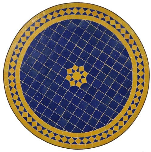 Medelhavet trädgårdsbord | Marockanskt mosaikbord M60-17 Blue & Yellow | 60 cm diameter med järnram | handgjort i Marrakech | dekorativt balkongbord, sidobord eller bistrobord | MT10003