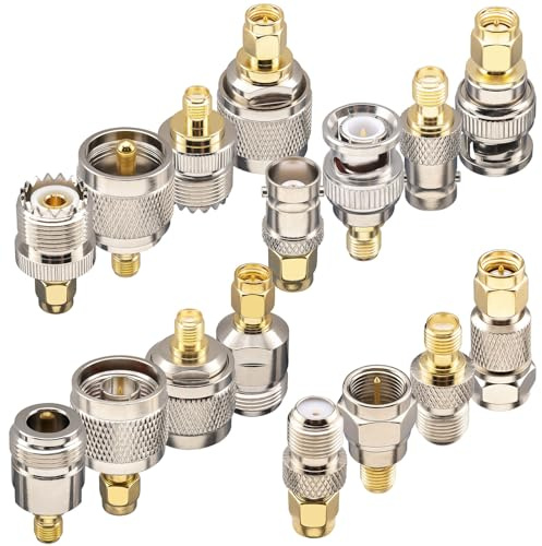 YOTENKO SMA Adapter Kit 16-Piece, Standard SMA to BNC/UHF/F/N Type Connectors Kit, Antenna Coax Connector Converter Male/Female for WiFi Antenna/FPV Drone/Extension Cable | Gold-Plated Brass RF Adapter Set for RTL-SDR Dongles, Ham Radio Antenna & RF Testing