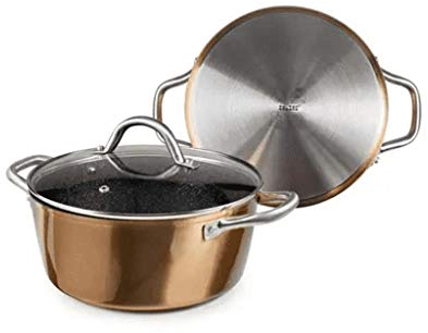 IBILI, Pentola natura in rame con coperchio in vetro, 24 cm, stile pietra antiaderente, adatta all’induzione.