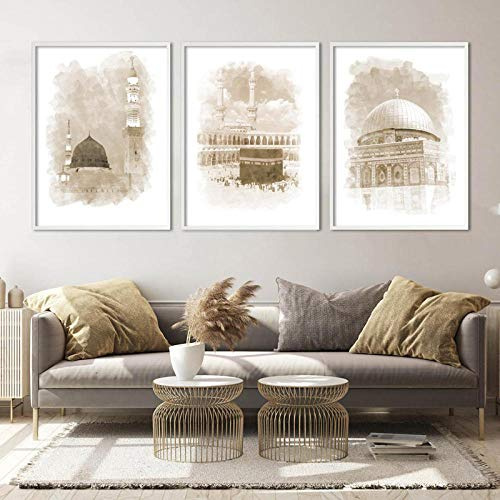 Islamisches beigefarbenes Wandkunst-Poster auf Leinwand, Moschee, Kaaba, Gemälde, Architektur, Muslimisch, modern, Heimzimmer, Ramadan, Dekoration, Bild, 50 x 70 cm x 3 cm, ohne Rahmen