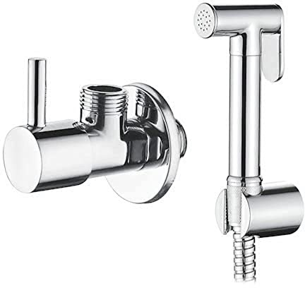 Ibergrif M22007R - Valvola da Angolo con Doccetta Bidet WC, Supporto e Flessibile, Rubinetto Arresto, Cromo, Argento