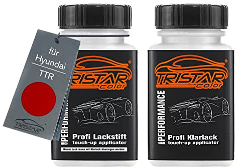 TRISTARcolor Autolack Lackstift für Hyundai TTR Tomato Red + Klarlack | Set aus Basislack + Klarlack, Lackfläschchen mit Pinsel, je 50ml