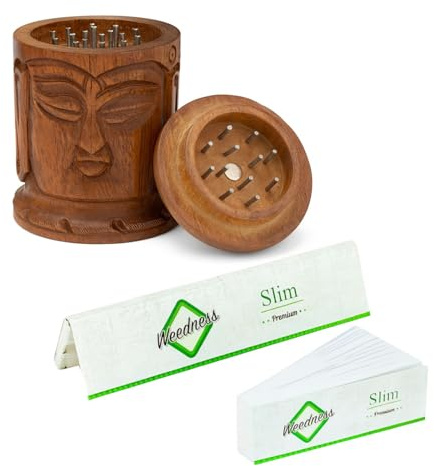 Weedness Buddha Holz Grinder aus Ebenholz handgefertigt 3-teiliges Set - Cruncher Crusher Wood Mini klein Crunsher Zubehör Kräutermühle Set Gewürzmühle