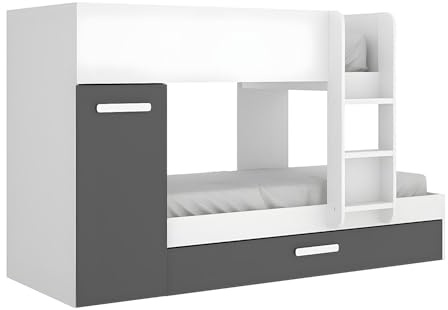 DEKIT GRUPO RIMOBEL TOM - Cama trem con armario y cama arrastre - Blanco/Grafito - 150 x 244 x 112