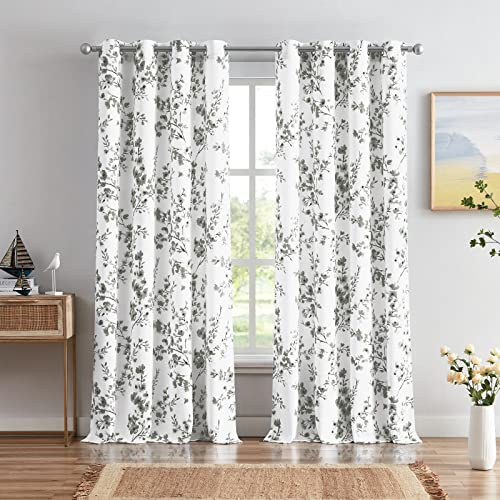 Melodieux Tende floreali lunghe 160 cm per soggiorno, rustica grigio albicocca fiore stampa bianco tende decorative con occhielli, 132 x 160 cm, 2 pannelli