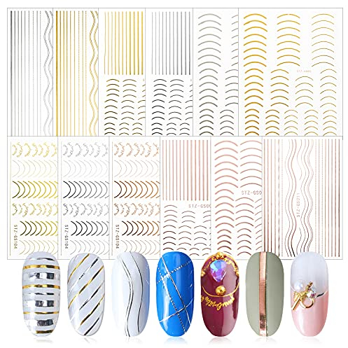 FLOFIA 12 Blatt Nail Art Streifen Selbstklebend Nagelsticker Streifen Gold Silber Stripes Striping French Nagel Aufkleber Stickers Deko Nageldesign Zubehör Nail Dekoration