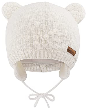 SEYUFN Babymütze, für Jungen und Mädchen, gestrickte Hündchen für Babys und Kleinkinder, mit Fleece-Futter, 0-36 Monate(Weiß,6-12 Monate)