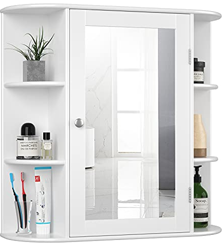 GIANTEX Spiegelschrank Bad, Hängeschrank mit Spiegel, Badezimmerspiegel Schrank 10 Ablagen, Wandschrank mit Tür, Schminkschrank Holz, Badschrank Badezimmerschrank hängend 65 x 17 x 63 cm (weiß)