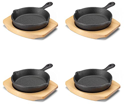 Navaris 4X Gusseisenpfanne klein mit Holz Stand - 10,2x2,5cm Servierpfanne aus Gusseisen - Mini Auflaufform - Gusseiserne Bratpfanne - Kleine Pfanne für Ofen