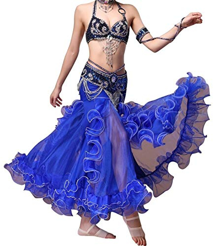 Bauchtanz-Kostüm, Kleid, BH, Gürtel, Rock, Tanzröcke, Kleider, Damen, Kleidung, langärmelig, Oberteile, BH, Bund, Maxirock, Anzug, sexy Bauchkleidung, Kleid (Königsblau, S)