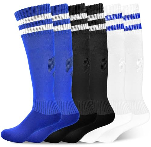 ELUTONG Fussball Socken Kinder, Unisex Atmungsaktiv Atmungsaktiv Fußballsocken, 3 Paar Schwarz Blau Weiß Elastische Trainingssocken Sportsocken für Jungen Mädchen 5-12 Jahre