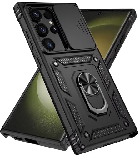 ESONG fodral för Samsung Galaxy S24 ultra,militärt skyddsfodral,stöttåligt skyddande telefonfodral,[vridningshållare] kameraskydd med Slide Camera Cover,Svart