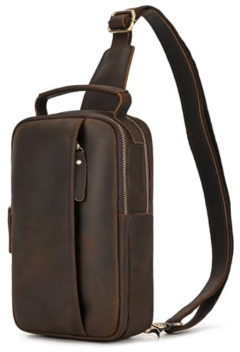 newsbirds Sling Bag läder axelväska bröstväska axelväska män midjeväska väska ryggsäck dagryggsäckar vattentätt läder, 9332 mörkbrun, Retro