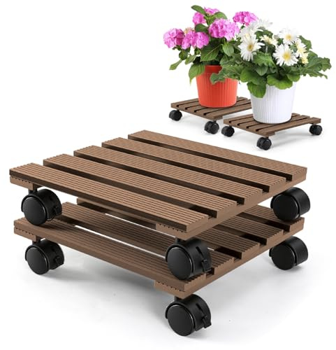 Ikodm 2X WPC Pflanzenroller Eckig 30 x 30 cm｜Blumenroller mit Rollen, Rolluntersetzer Tragkraft 80 kg｜Kübelroller für den Innen- und Außenbereich｜Rollbrett für Pflanzen, Blumentopf (Braun)