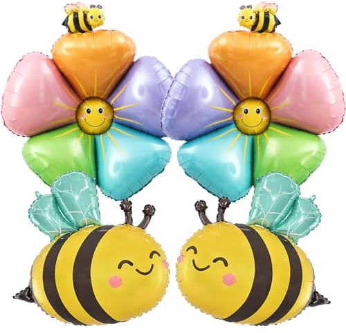 YGCHEN Margaritas y Abeja Globos de Aluminio - Decoración de Fiesta con Abejorro Flores Foil para Niños Cumpleaños Baby Shower 4 Piezas