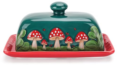 Fungi Fun Ceramic Butter Dish with Lids - Mushroom Butter Containers, Green | Durable Stoneware, Snug Lid, Dishwasher-Safe, Vintage Design, Gift-Ready Packaging, Enchanted Forest Theme