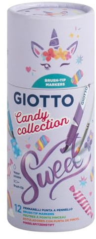 GIOTTO Turbo Soft Brush Candy Collection, Filzstifte wasservermalbar in 12 Farben, Dose