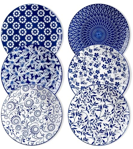 vancasso Selene 8.25 Inch Dinner Plates Set of 6, Vintage Blue Scratch-Resistant Porcelain Plates for Pasta,Dessert,Salad,Appetizer,Steak/Main Course, Microwave Dishwasher Safe