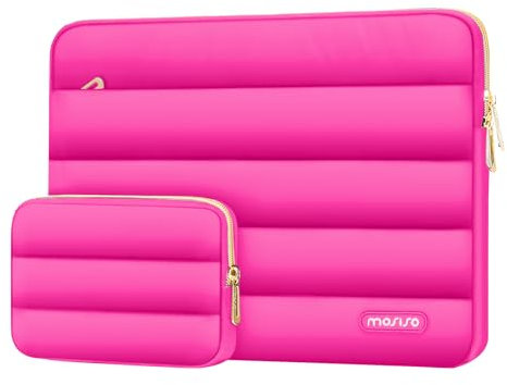 MOSISO 13.3 inch Laptop Case, 13-13.3 inch Puffy Laptop Sleeve Compatible with MacBook Air 13 13.6 M4 M3 M2 M1/Pro 13/Pro 14, HP Dell ASUS Lenovo,Polyester Horizontal Bag with Small Case, Rose Red