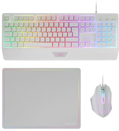 Mars Gaming MCP124, 3i1 Gaming Combo, Ergonomiskt H-Mech LED RGB Tangentbord, RGB Mus 3200DPI HUANO Switchar, Nanotextil Musmatta 360x260mm, Multiplattform Kompatibilitet, Franska Layout, Vit