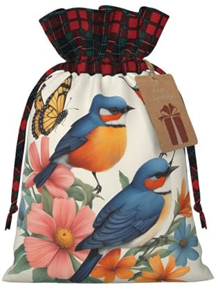 1 sacchetto regalo natalizio con coulisse, motivo uccelli, fiori e farfalle, 21,1 x 30 cm, per regalare regali durante le feste