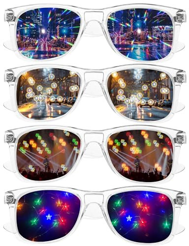 4Pcs Diffraction Glasses Kaleidoskop Brille Prisma Brille Diffractions Party Brille Diffraction Prisma Brille mit Dollar Football Stern Effekt für Karneval Tanzlichtshow Musikfestival Kostümparty
