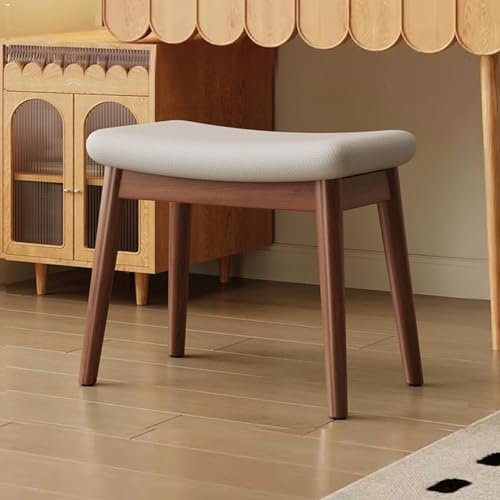 Sattelhocker aus massivem Holz, Frisiertischhocker, gebogener Kissen-Fußhocker für Sofa, Schminkstuhl aus Leder, Esszimmerstuhl, Akzent-Seitenstuhl (Farbe: Walnuss, Größe: Grauweiß)