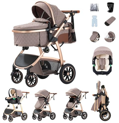 Zkiprm 3 in 1 Kinderwagen, Reisesystem, Buggy & Sportsitz, Höhenverstellbare Armlehnen und Kinderwagen mit Aluminiumgestell/Mumientasche/Moskitonetz/Baumwollmatte, für Neugeborene 0-4 Jahre