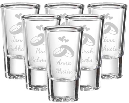 LUXENTU Stamper mit Gravur, Hochzeitsmotiven, 30 ml, 6 Stück | Personalisierte Schnapsgläser mit Lasergravur, Geschenk für Hochzeiten oder Jubiläum, Spülmaschinenfest