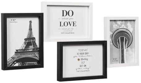 emmevi Cornice Portafoto Multipla Mosaico Legno MDF Porta Foto Parete Bianco Nero 4 Foto Da 13x18 Cm