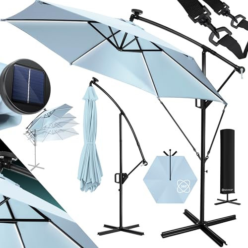 KESSER® Parasol déporté solaire LED en aluminium avec housse, télécommande et manivelle - Parasol à manivelle avec support - Fonction 360 ° - Protection UV - Aluminium imperméable (bleu clair, 300 cm)