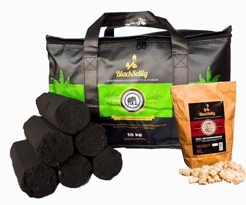 BlackSellig Beach Kokos Grillbriketts XXL | Reine Kokosnussschalen Grillkohle | umweltfreundlich | raucharm | extra Lange Brenndauer | Beach Cocos Stangen (10kg XXL Stangen + 50 Anzünder)