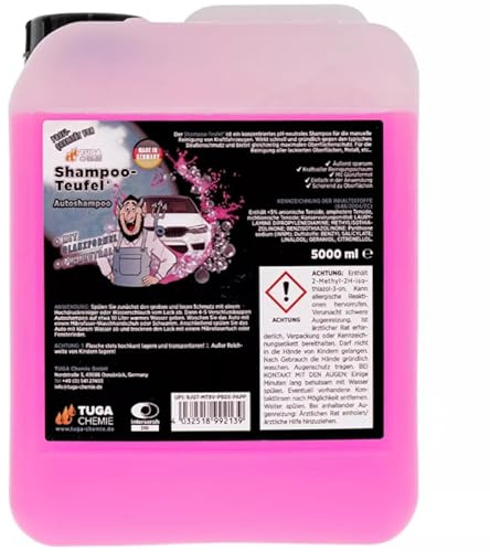 Tuga Chemie Shampoo-Teufel - Tuga Chemie Autoshampoo - Lackreiniger - KFZ Schmutzentferner - schäumende Wäsche 5L + Gratis ChimpTools Sticker