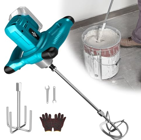 Akku Farbmörtelrührer Kompatibel mit Makita 18V Batterie, 1000W Brushless Farb-Mörtelrührer Betonmischer Mit 2 Rührstangen(6-Gang-Getriebe, max 800r/min, ohne Akku)