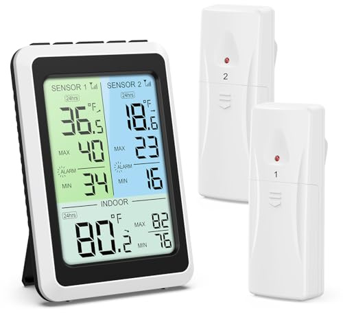 Brifit Digital Fridge Freezer Thermometer with 2 Wireless Sensors, Backlit Display Refrigerator Thermometer with MAX&MIN Records, Temperature Alarm, Arrow Trend, Fridge Temperature Gauge for Room