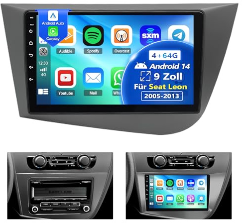4+64G Android 14 Autoradio für Seat Leon MK2 2005 2006 2007 2008 2009 2010 2011 2012 mit Carplay Android Auto 9 IPS Touchscreen GPS Navi Bluetooth FM 32EQ WiFi Mirror Link Rückfahrkamera