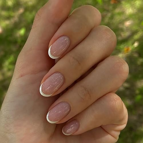 Viugex 24 Pièces Rose Brillant Faux Ongles, Français Bordure Blanc Ongles à Coller, Naturel Press on Nails Court Amande, Réutilisables Acrylique Ongles à Presser pour Femme Nail Art Décoration