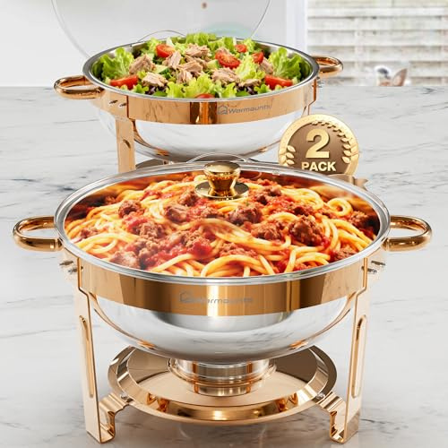 WARMOUNTS Chafing Dish Buffet 5L 2er Set Rose Gold, Rund Speisenwärmer für Catering mit Glasdeckel & Deckelhalter, Stapelbar Hochglanzpoliert Edelstahl Lebensmittelecht für Feiern, Hochzeit, Events